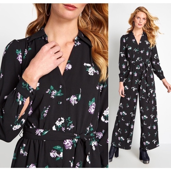 NWT MODCLOTH Floral 70s Tie Waist Button Front High Rise‎ Wide Leg Jumpsuit XXS - Picture 2 of 9